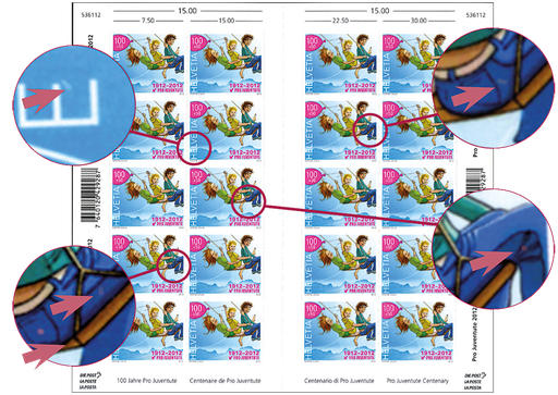 [7350.107.03] 2012, 100 Jahre Pro Juventute, "Knopf an der Tasche", "Anstrich beim E von Helvetia", "Strich am Hosenboden" und roter "Putzer bei der Kniekehle"