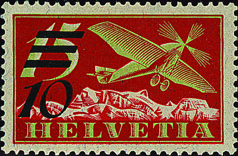 [7370.19.02] 10auf15 Rp. Flugzeug rot-gelbgrün, Aufdruck matt statt glänzend