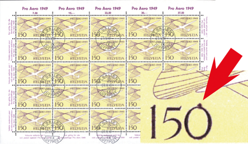 [7370.45.07] 150 Rp. violett-gelb, "Grosser Fleck auf der 0 von 150"