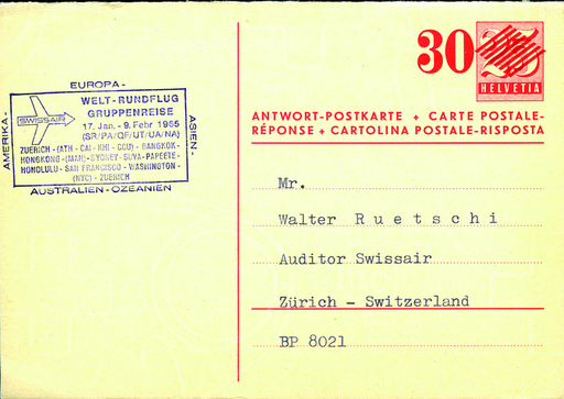 [7371.1965.02] 1965, Bordpost Swissair, Weltrundflug (GB Nr.10b)