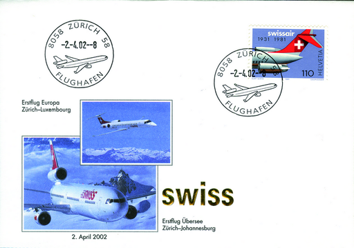 [7371.2002.10] 2002, Swiss Erstflüge Zürich-Luxemburg und Johannesburg