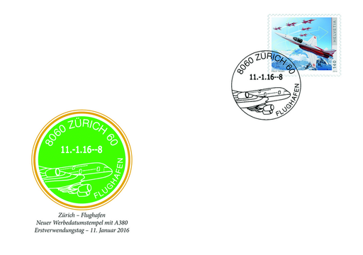 [7371.2016.01] 2016, Neuer Werbedatumstempel Zürich-Kloten Flughafen
