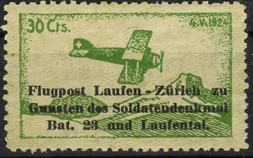 [7374.24.76] 1924 Flugpost Laufen, Vignette, &quot;DES mit ausgefülltem E&quot;