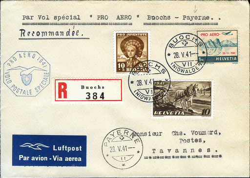 [7374.41.03] 1941, Buochs-Payerne und Payerne-Buochs, Zusatzstempel italienisch