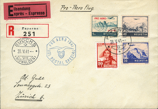 [7374.41.04] 1941, Buochs-Payerne und Payerne-Buochs, Zusatzstempel französisch
