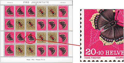 [7390.41.12] 1953, Kehrdruckbogen, 20 Rp. Trauermantel + 30 Rp. Purpur-Bockkäfer, Abart "Schmetterling Ei"