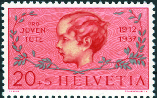 [7390.83.18] 20+5 Rp. Knabenkopf, "Grosser roter Farbfleck zwischen H und E von Helvetia"