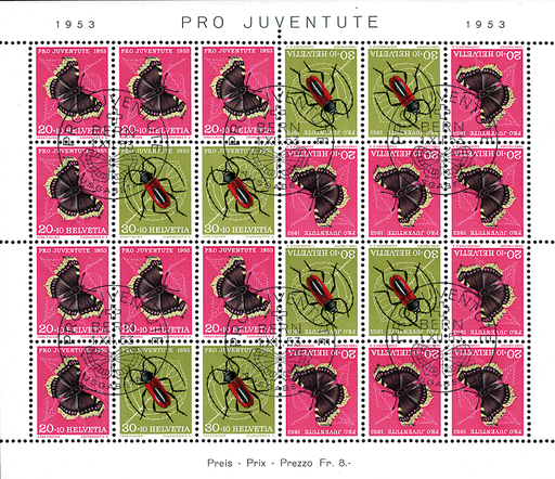 [7390.41.04] 1953, Kehrdruckbogen, 20 Rp. Trauermantel + 30 Rp. Purpur-Bockkäfer