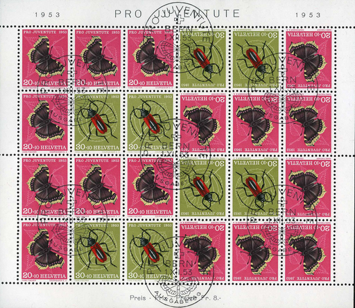 [7390.41.16] 1953, Kehrdruckbogen, 20 Rp. Trauermantel + 30 Rp. Purpur-Bockkäfer