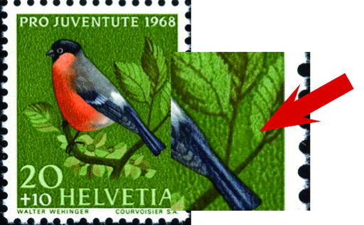 [7390.225.03] 20+10 Rp. Gimpel, "Retouche zwischen zweitem und drittem Blatt der rechten Blattranke"