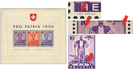 [7410.8.08] 1936, Pro Patria (Eidgenössische Wehranleihe), &quot;Verwaschenes, helles Markenbild, dadurch Senn auf hellem Boden, waagrechter violetter Wischstrich durch die 10 Rp. Marke und Ferd. Hodler stark defekt&quot;