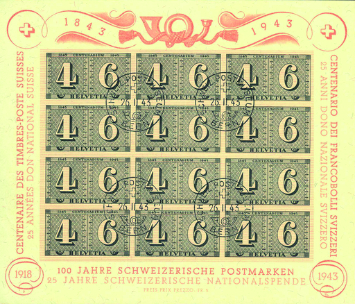 [7410.16.03] 1943 Luxusblatt 100 Jahre Schweizerische Postmarken
