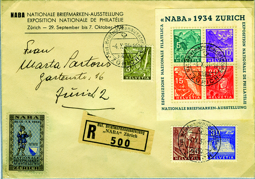 [7411.1.15] 1934 Gedenkblock (NABA), Einschreibe-Ortsbeleg, mit attraktiver Zusatz-Frankatur aller Wertstufen der Buckdruck-Ausgabe "Landschaften", rückseitiger Ankunftstempel