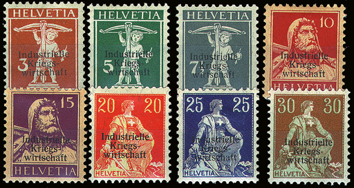 [7420.1.01] 1918, Freimarken mit dreizeiligem Aufdruck "Industrielle Kriegswirtschaft"