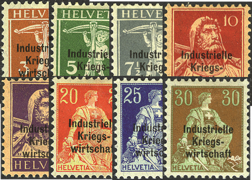 [7420.9.01] 1918, Freimarken mit dreizeiligem Aufdruck "Industrielle Kriegswirtschaft"