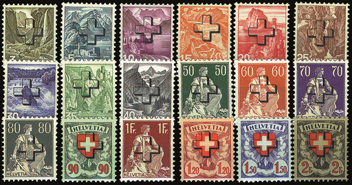 [7430.28.01] 1938, Landschaftsbilder in Stichtiefdruck und Helvetia mit Schwret