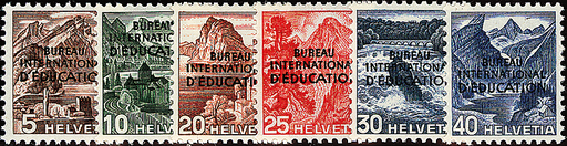 [7470.23.01] 1948, Farbänderung der Landschaftsbilder und geänderter Aufdruck &quot;BUREAU INTERNATIONAL D'ÉDUCATION&quot;
