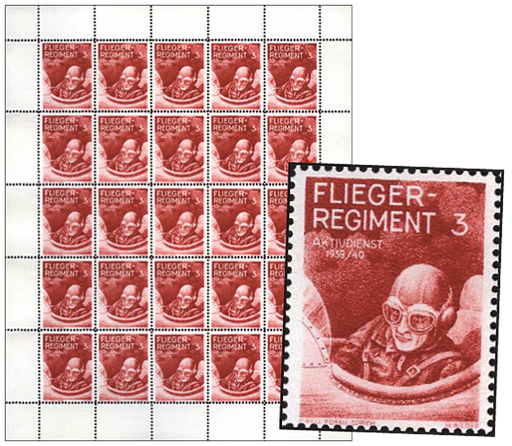 [7594.3.23] 1939-40 Flieger-Regiment 3, Pilot im Cokpit bräunlichkarmin (Kat.Nr.39), 25er - Originalbogen, Entwurf M. Bieder.