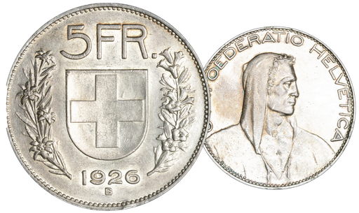 [7876.1926.01] 1926, 5 Fr. Silber-Kursmünze Hirtenkopf