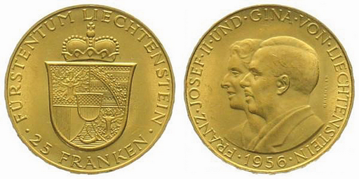 [7890.1956.01] 1956, 25 Franken &quot;Fürst Franz Josef II &amp; Fürstin Gina&quot;