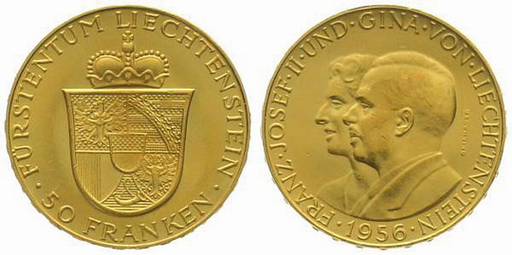 [7890.1956.02] 1956, 50 Franken &quot;Fürst Franz Josef II &amp; Fürstin Gina&quot;