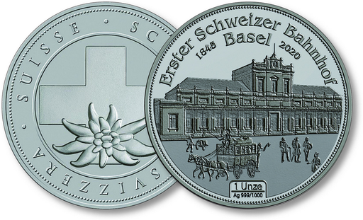 [7986.2020.68] 2020, 1 Unze &quot;Erster Bahnhof der Schweiz, Basel&quot;