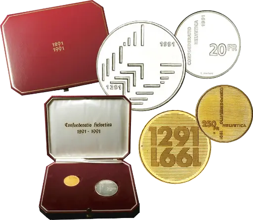 [7997.1991.06] 1991, Set, 250 Fr. Gedenkmünze (2. Auflage) und 20 Fr. Silbermünze "700 Jahre Eidgenossenschaft" (Silbermünze zum Nominalpreis)