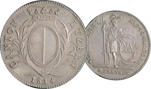 [8018.1814.01] 1814, 4 Franken Luzern, 3-blättriger Laubrand