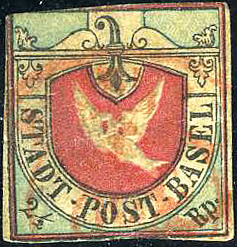 [7020.8.73] 1845, Basler Taube schwarz-blau-karmin, Plattenfehler &quot;Farblose Haube auf der Taube&quot;