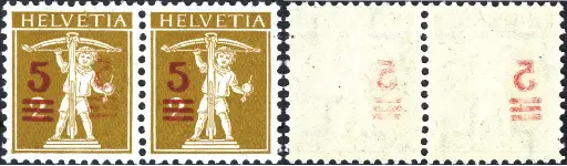 [7300.147.08] 5 - 2 Rp. gelboliv, Type 3, "Vorderseitiger Abklatsch des Aufdrucks" und "Rückseitig deutliche Abklatschspuren"