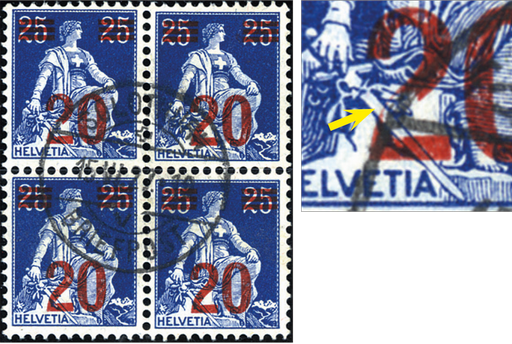 [7300.151.12] 20 - 25 Rp. Helvetia mit Schwert, blau-hellblau, "Grosser farbloser Fleck in der 2 von 20", sog. Konfetti