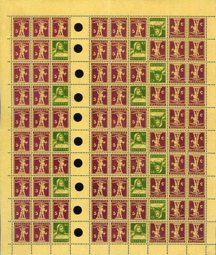 [7300.153.10] 1921, Tellbrustbild, 10 Rp. grün und 1927, Tellknabe mit Armbrust, 5 Rp. rotlila, sämisch
