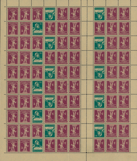 [7300.170.03] 1927, Tellknabe mit Armbrust, 5 Rp. rotlila, sämisch und 1928, Tellbrustbild, 10 Rp. blaugrün