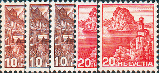 [7300.215.05] 1938-1942, 20 Rp. San Salvatore, 10 Rp. Schloss Chillon, dunkelbraun und 10 Rp. Schloss Chillon, rötlichbraun