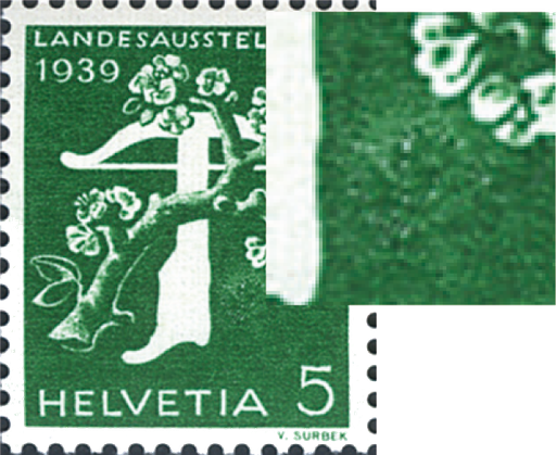 [7300.228.15] 5 Rp. grün, "Retouche zwischen Armbrustschaft und Blütenzweig"
