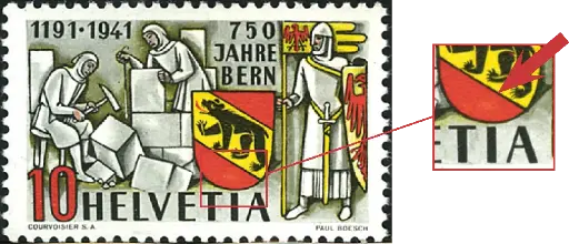 [7300.253.22] 10 Rp. Herzog Berchtold, dunkelgrau-rot, "Helle Stelle unten im Wappen"