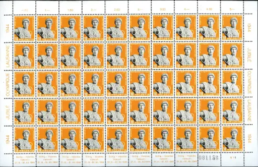 [7300.259.27] 10 Rp. Apollo, orange-grauschwarz, Bogen, 259w.2.02a "Farblose Stelle über L von OLYMPIQUE" (Bg.A11,9.M), 259w.2.02b "Farblose Stelle zwischen Y und M" (Bg.A11,11.M), 259w.2.03, "Apollo mit Ohrring" (Bg.A11,24.M)