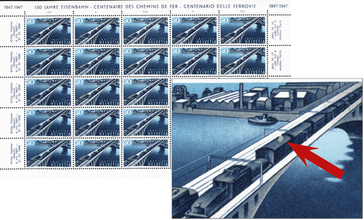 [7300.280.05] 30 Rp. El. Züge auf Brücke, "Grosser Fleck auf dem 1. Wagen"