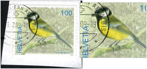 [7300.1237.02] 100 Rp. Kohlmeise, "Markenbild nach oben verschoben, oben das Markenbild beschneidend"