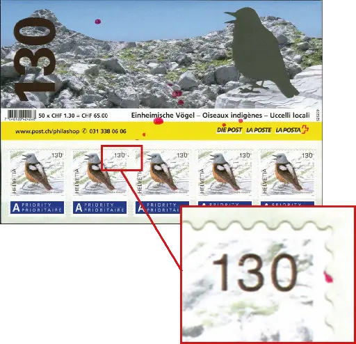 [7300.1272.17] 130 Rp. Steinrötel, "Grosse rote Flecken" auf dem Bild und einer Marke
