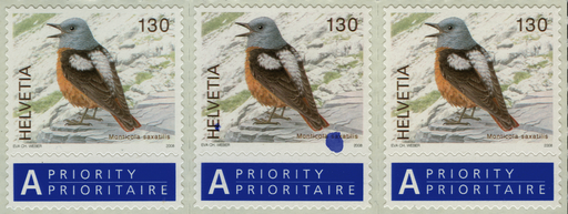 [7300.1272.04] 130 Rp. Steinrötel, "Markante blaue Farbflecken" im Rand bei Helvetia und bei Monticola saxatilis