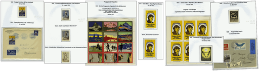 [7361.1909.02] 1909-34 Flugspende-Vignetten: Spezialsammlung mit über 25 verschiedenen Ausgaben, dabei Zusammendruck-und Originalbogen, Abarten, Briefe, kenntnisreich beschriftet.