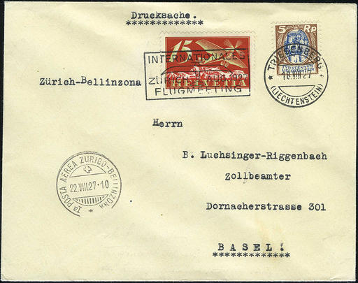 [7374.27.46] Zürich - Bellinzona, Drucksache ab Triesenberg mit Mischfrankatur FL-CH nach BASEL