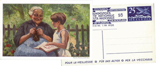 [7404.52.01] 1928, 10 Rp. Grossmutter mit Mädchen, Flugpostausgabe 25 Rp. blau