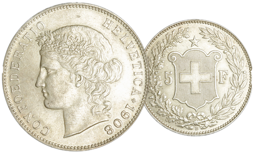 [7877.1908.01] 1908, 5 Fr. Silber-Kursmünze Helvetia Kopf
