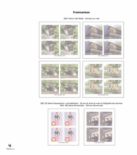[7958.2021.01] 2021, Schweiz - Viererblock mit Schutztaschen Hauptgebiet: Frei, PJ, PP, Flug, Wohltätigkeit (FM279-FM286, B77)
