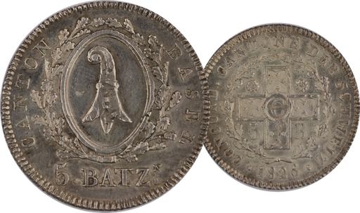 [8012.1826.02] 1826, 5 BatzN (N hochgestellt) Basel, 4.44g schwer, Silber, gute vorzügliche bis unzirkulierte Erhaltung.