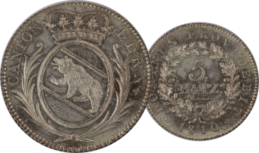 [8013.1810.01] 1810, 5 Batzen Bern, 4.54g schwer, Silber, unzirkulierte Erhaltung.